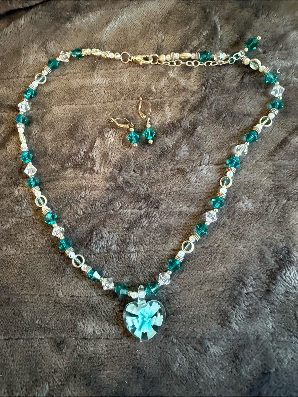 Emerald Crystal Heart Pendant Necklace and Earring Set